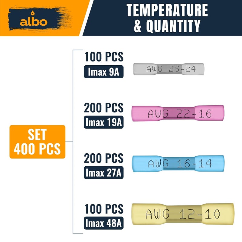 ALBO Set 600 PCS 26-10 AWG Mixing Heat Shrink Butt Connectors - Tinned Copper - Marine Grade Insulated Crimp Wire Connectors - Waterproof Electrical Connectors - Butt Splice for Auto, Marine, Stereo - Image 2